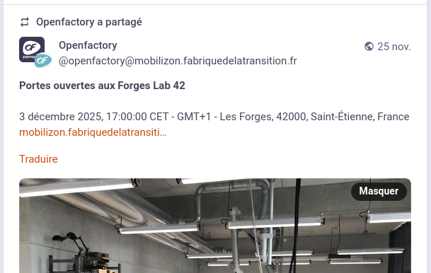 Capture d'&eacute;cran :  le compte Mastodon (instance Framapiaf.org) @openfactory@framapiaf.org relayant sur Mastodon l'&eacute;vt Mobilizon du Groupe @openfactory@mobilizon.fabriquedelatransition.fr